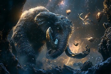 Wall Mural - a cosmic elephant surrounded by stars and asteroids, blending nature with space elements.