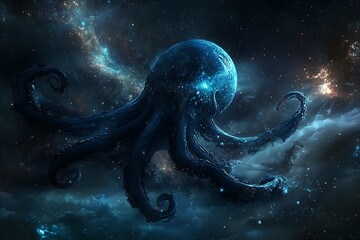 Wall Mural - a cosmic octopus floats through a starry galaxy, blending marine life with the universe.