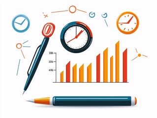 A vibrant illustration featuring clocks, pens, and a rising graph, symbolizing time management and productivity in a professional setting.