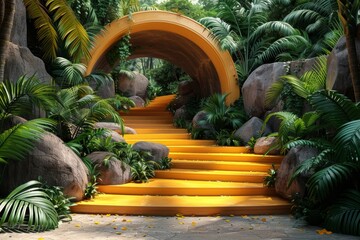 A vibrant yellow podium leads the way through a lush garden adorned with tropical plants, creating a striking path on a sunny day in a serene outdoor setting