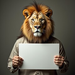 Wall Mural - Anthropomorphic lion holding blank sign, dressed in a shirt.