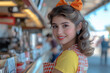 © Dar1930 - A beautiful woman sits at the counter of an American restaurant. Stylized from1940s - 1950s. AI generative.
