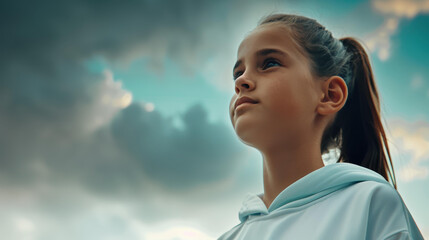 A tween girl stands confidently against a dramatic grey sky, showcasing her unique style and personality.