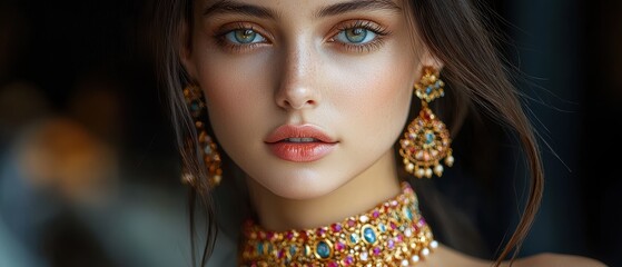 Portrait of a beautiful young woman adorned with stunning jewelry, featuring intricate earrings and a necklace, showcasing elegance and charm against a softly blurred background.