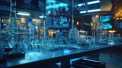 Poster - Lab filled with futuristic gadgets and holograms, scientists rushing to perfect time travel for magic species.