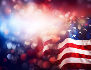 American flag with patriotic bokeh in red and blue, abstract background evoking USA celebration spirit.