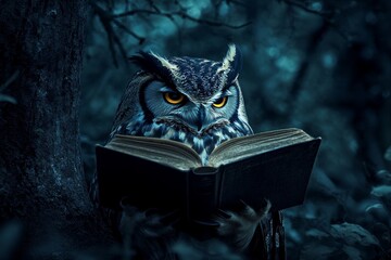 An enigmatic owl engrossed in a book amidst a mystical forest of striking dark hues