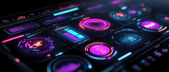 Poster - Futuristic Interface with Neon-lit Controls and Data Displays