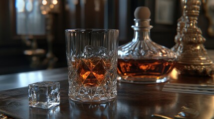 Glass of whiskey with ice cubes on a vintage bar top, next to an ornate decanter, creating an atmosphere of refined luxury.