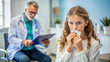 © Olga - Young girl with cold symptoms consulting doctor, holding tissue