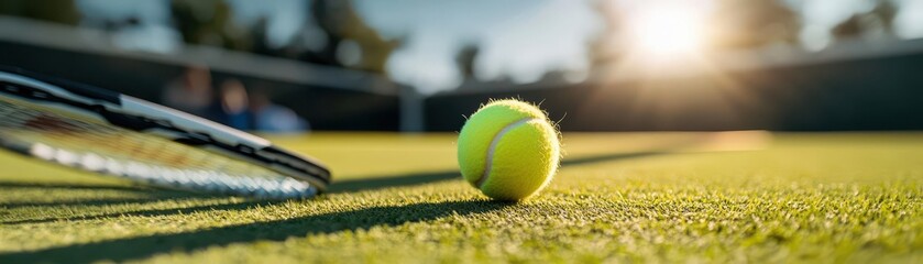 A tennis ball and racket are positioned on a sunlit court, showcasing the vibrant green surface and serene atmosphere of the game.