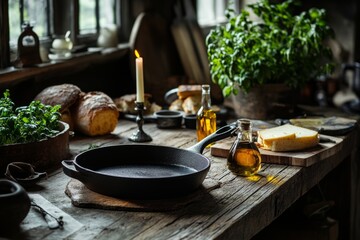 Wall Mural - A rustic kitchen scene features a cast iron pan on a wooden table. Fresh herbs, bread, and olive oil create a warm, inviting atmosphere. Perfect for food enthusiasts. Generative AI