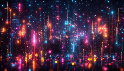 Poster - Neon-lit cityscape with a digital grid pattern