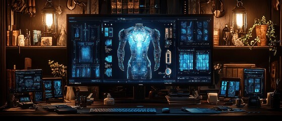 Poster - A dimly lit workstation displaying digital scans of a human body.