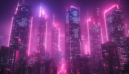 Poster - Futuristic Cityscape with Pink Neon Lights