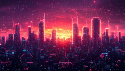 Poster - Cyberpunk City Skyline with Neon Lights and Circuitry