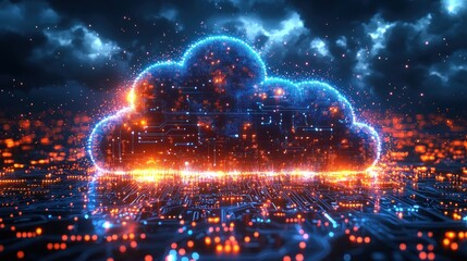Fototapete - Glowing Digital Cloud Symbol on a Circuit Board Background