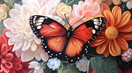 Wall Mural - A detailed close-up of a butterfly perched on a vibrant flower, showcasing delicate wing patterns.