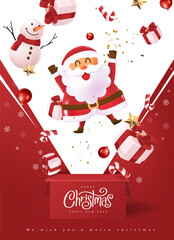 Wall Mural - merry christmas poster banner background template with surprise opened box santa claus and snow man 