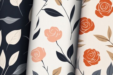 Modern rose and leaf patterns designed for home decor, with minimalist lines and muted tones ideal for pillows, wallpapers, or curtains