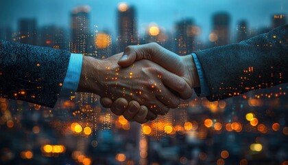 Poster - Handshake Silhouetted Against City Lights at Night