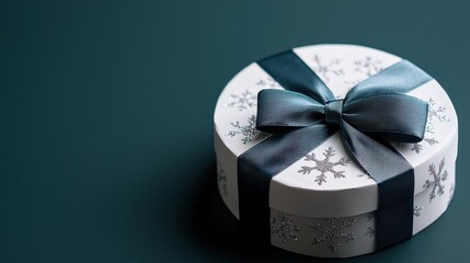 Wall Mural - A beautifully wrapped round gift box adorned with a teal ribbon, placed on a dark green surface, perfect for celebrating special occasions.