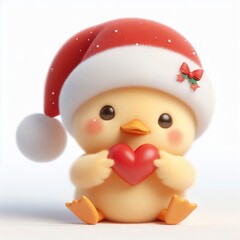 Wall Mural - 3d Cute fluffy christmas duck doing mini heart pose, full body, white background