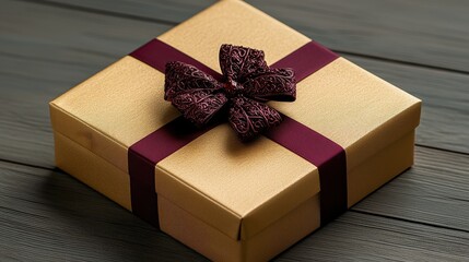 Wall Mural - A beautifully wrapped gold gift box with a deep purple ribbon and bow, resting on a wooden surface.