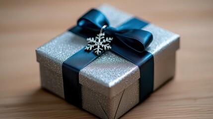 Wall Mural - A beautifully wrapped silver gift box adorned with a dark blue ribbon and a snowflake charm, perfect for festive occasions.