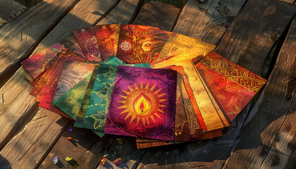 A collection of colorful cards with a sun on them