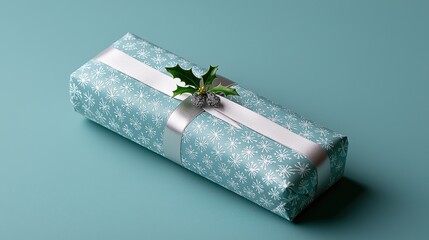 Wall Mural - A beautifully wrapped gift in teal paper with delicate snowflake patterns and a sprig of holly on top, perfect for holiday celebrations.