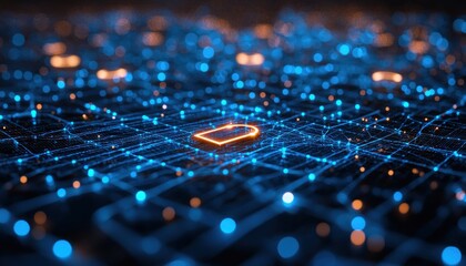 Aufkleber - A Glowing Orange Doorway on a Digital Network Grid with Blue and Orange Lights