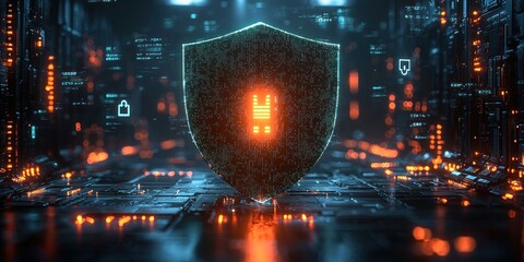 Fototapete - A glowing shield composed of digital pixels stands over a futuristic network of circuitry.