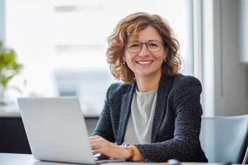 Poster - A portrait of happy smiling middle aged professional business woman, mature female manager executive leader looking at camera at workplace, working on laptop computer in office sitting at desk.