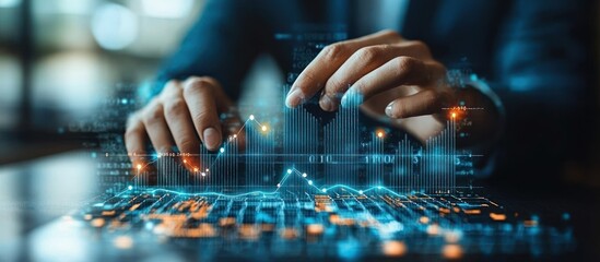 Fototapete - Hands Interacting with Holographic Financial Data on a Laptop