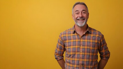 A full body shot of a middle aged man with an excited and friendly expression dressed in a casual plaid button down shirt and well worn jeans