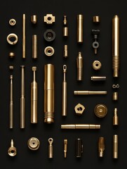 Intricate Brass Components and Pen Parts on Dark Background for Industrial Design and Artistic Showcase