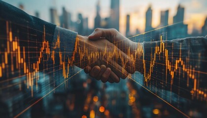 Poster - Two Businesspeople Shaking Hands with Financial Data Overlay in a Cityscape Background