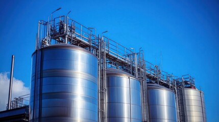 Three large silver industrial silos against a bright blue sky.