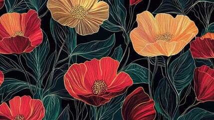 Wall Mural - Flower line art seamless pattern. floral hand drawn vector background.