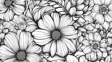 Wall Mural - Flower line art seamless pattern. floral hand drawn vector background.