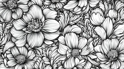 Wall Mural - Flower line art seamless pattern. floral hand drawn vector background.