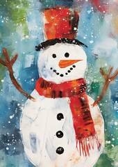 Wall Mural - childrens christmas greeting card illustration of a snowman