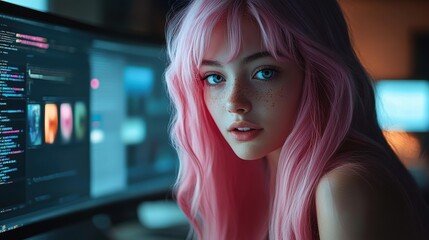 Pink Hair Girl Coding.