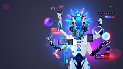 Wall Mural - ai robot works with computer interface. bot with artificial intelligence. robot with four arms perfo