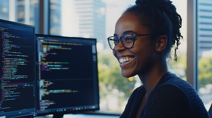 a female software developer smiling as she completes a coding task in a corporate office with a wind