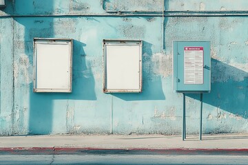 A blue wall with two white posters on it , with copy space for text