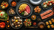 © Keopaserth - mouth watering banquet table full of amazing food, featuring variety of dishes including sushi, dumplings, rice, and vibrant vegetables, perfect for sharing and enjoying together