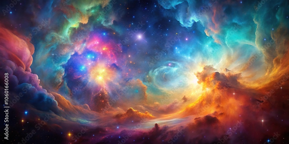 Vibrant nebula with colorful gas clouds and stars in a galaxy backdrop ...