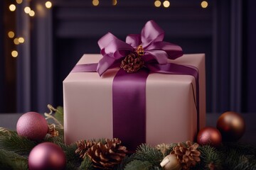 Wall Mural - White gift box with purple ribbon, purple bow, simple elegant design, suitable for various occasions.